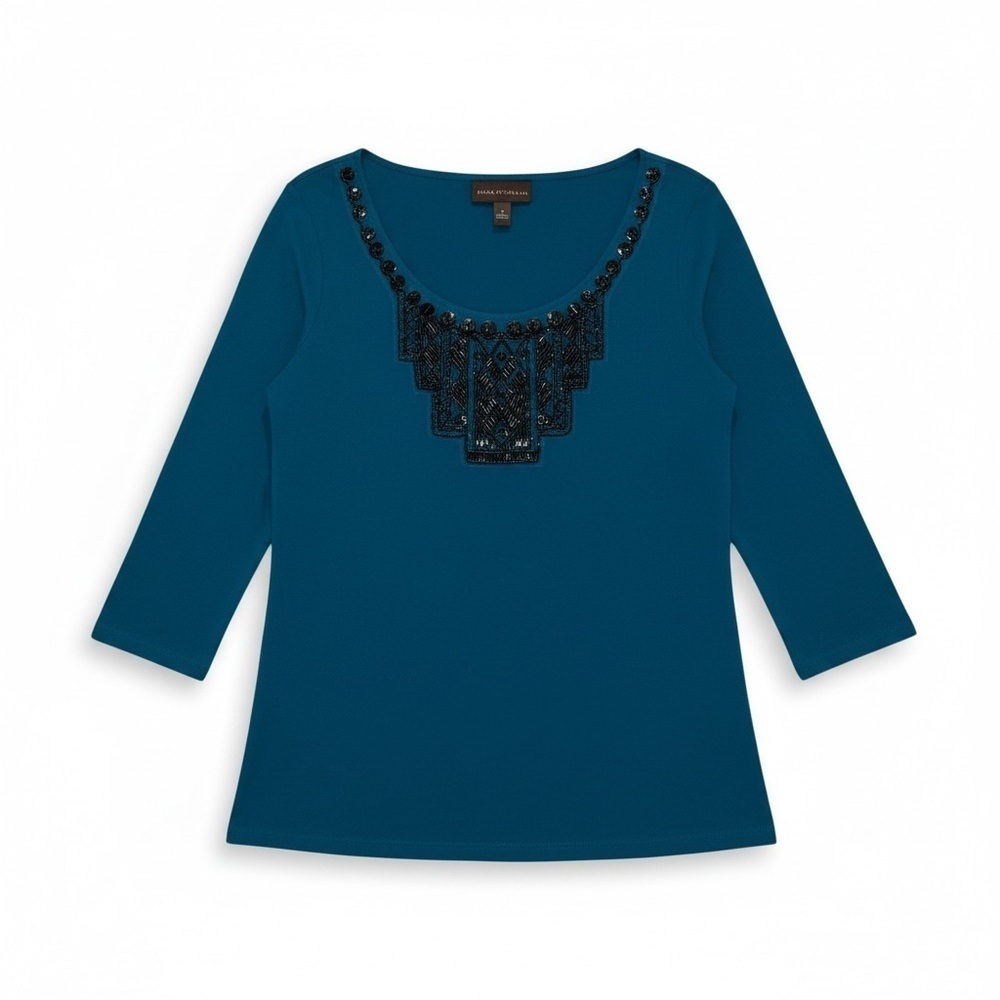Dana Buchman Teal Long Sleeve Top with Black Accents - Picture 3 of 5